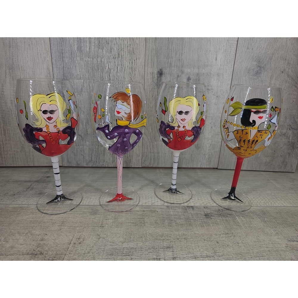 Set of 4 Hand-Painted "Girls Night Out" Decorated wine glasses #3237